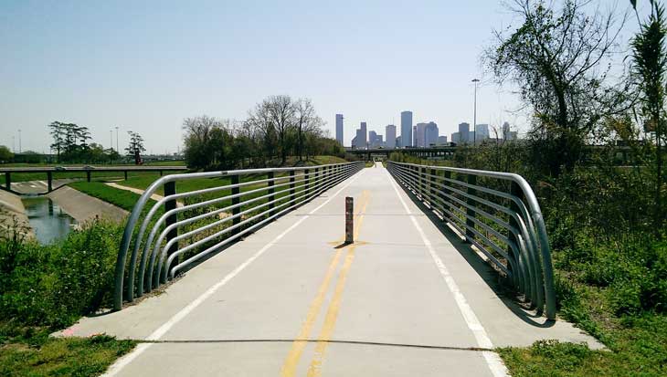 Market Trail bike trail just before White Oak Bayou coming from The Heights looking at downtown Houston in the distance
